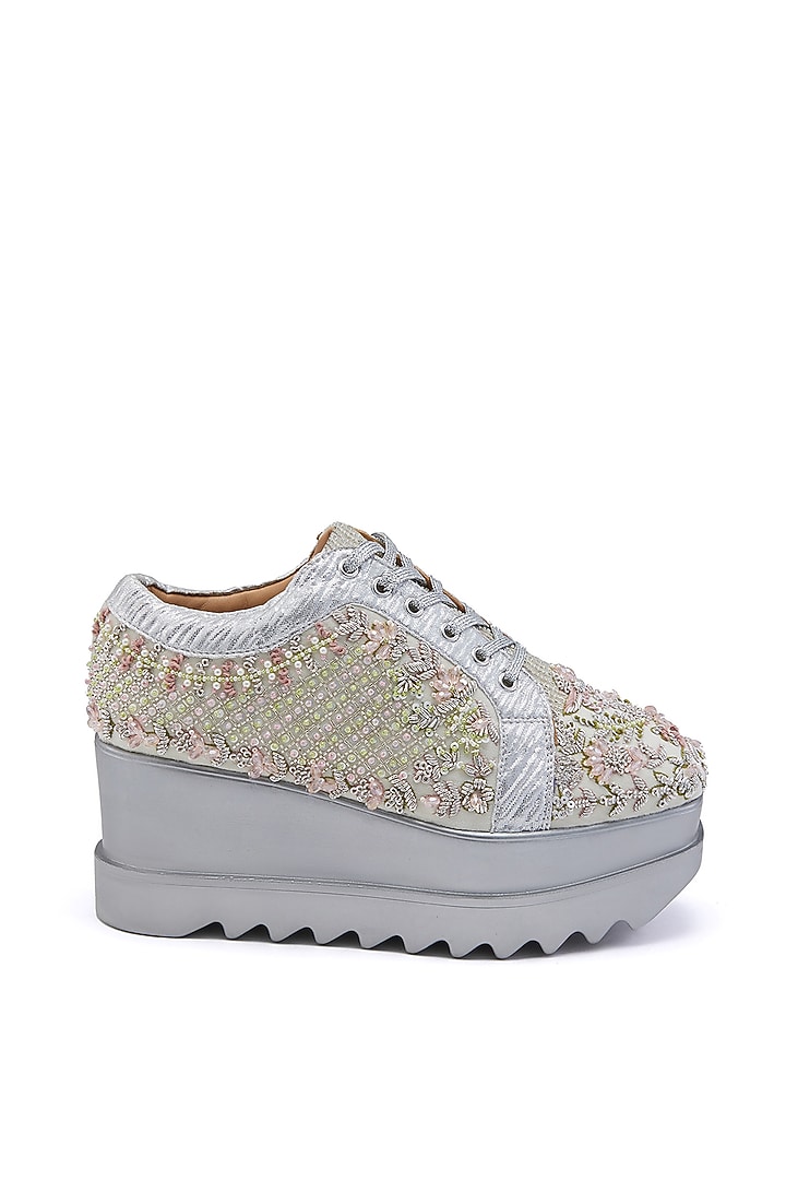 Green Satin Sequins Hand Embroidered Sneakers by Anaar at Pernia's Pop Up Shop