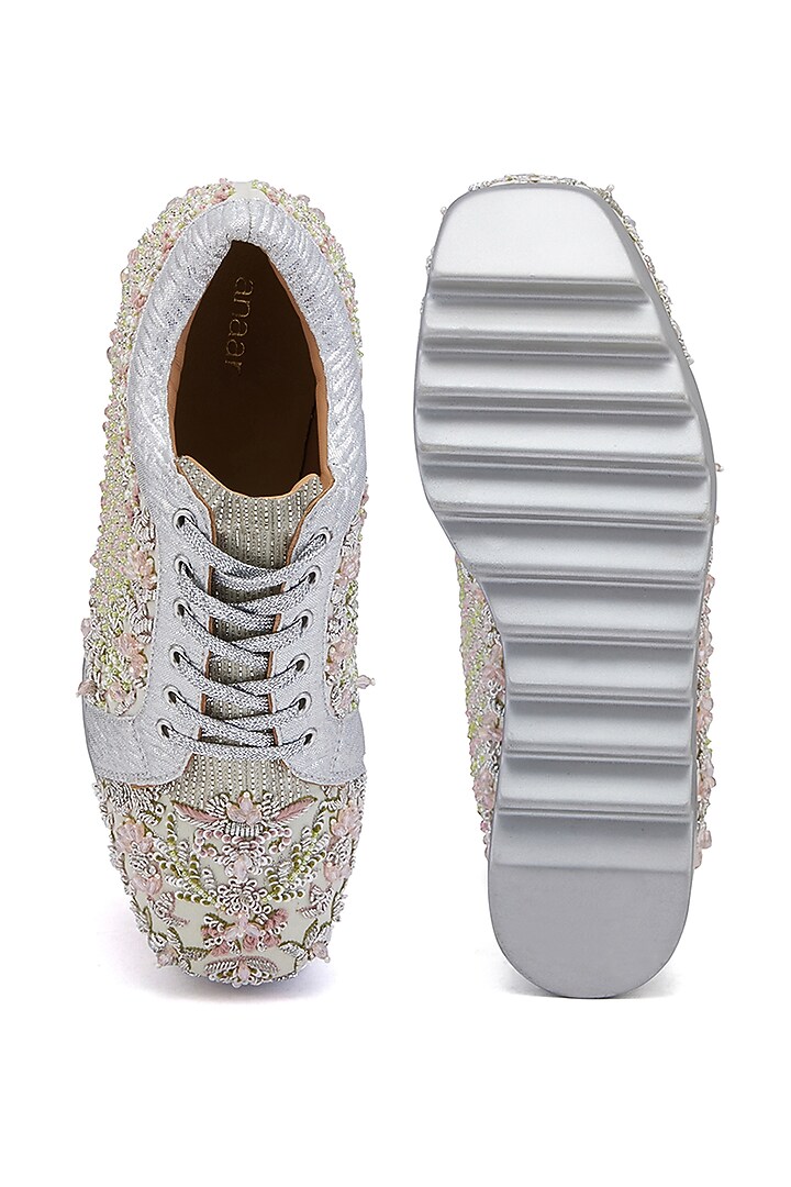 Green Satin Sequins Hand Embroidered Sneakers by Anaar at Pernia's Pop Up Shop