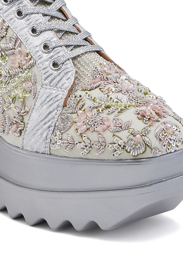 Green Satin Sequins Hand Embroidered Sneakers by Anaar at Pernia's Pop Up Shop