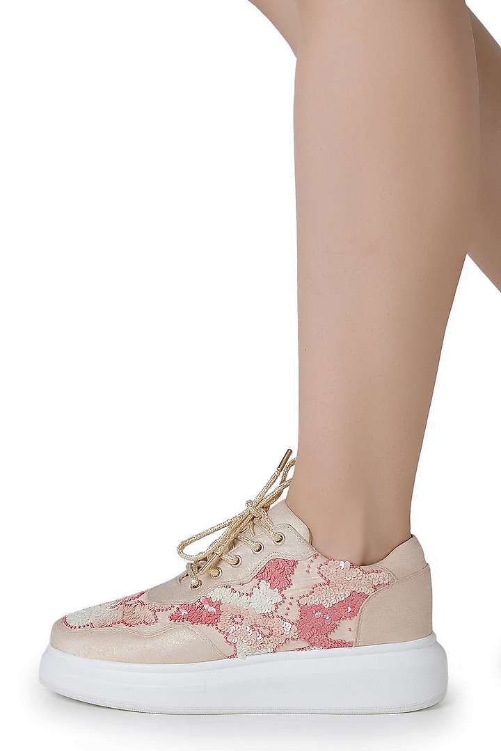 Pink Satin Sequins Hand Embroidered Sneakers by Anaar
