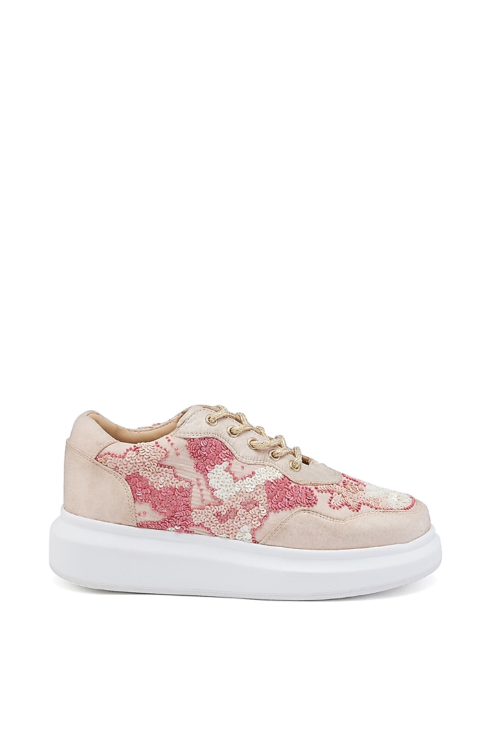 Pink Satin Sequins Hand Embroidered Sneakers by Anaar at Pernia's Pop Up Shop