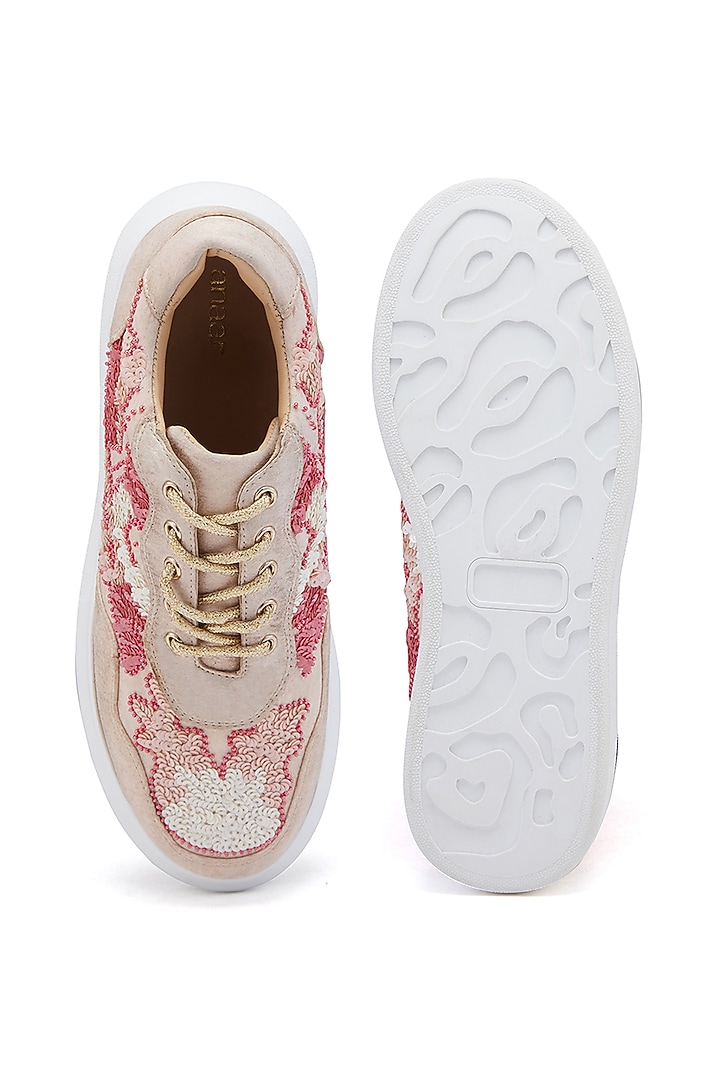 Pink Satin Sequins Hand Embroidered Sneakers by Anaar at Pernia's Pop Up Shop