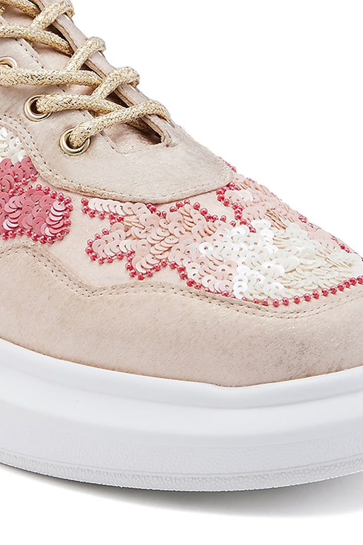 Pink Satin Sequins Hand Embroidered Sneakers by Anaar at Pernia's Pop Up Shop