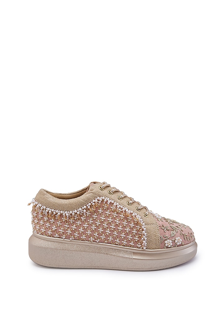 Pink Suede Dabka Hand Embroidered Sneakers by Anaar at Pernia's Pop Up Shop
