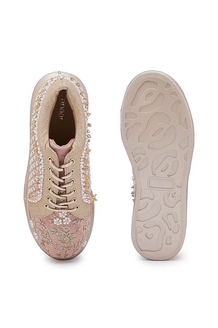 Pink Suede Dabka Hand Embroidered Sneakers by Anaar at Pernia's Pop Up Shop