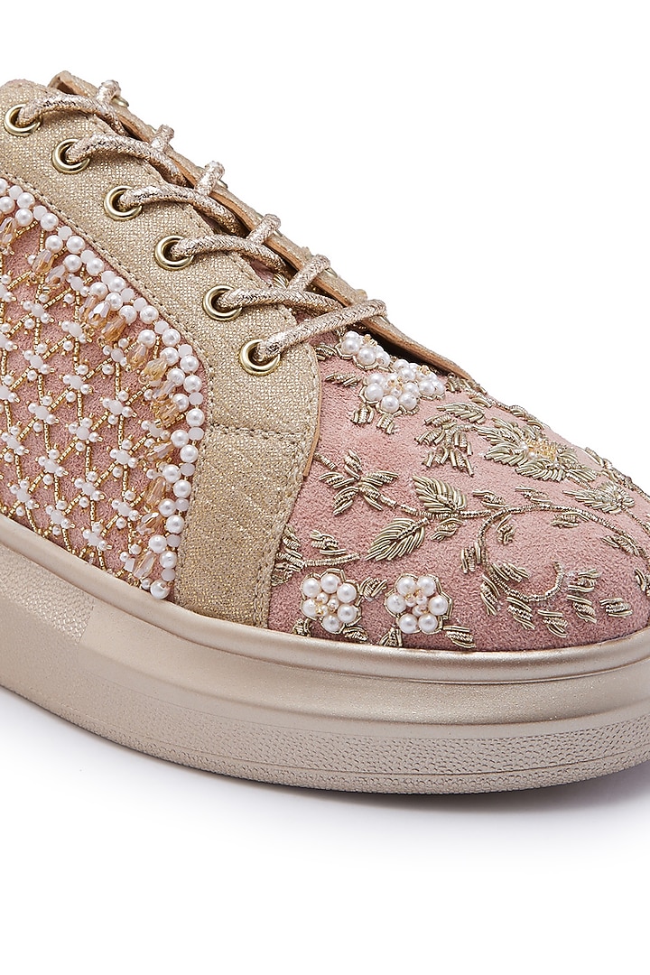 Pink Suede Dabka Hand Embroidered Sneakers by Anaar at Pernia's Pop Up Shop