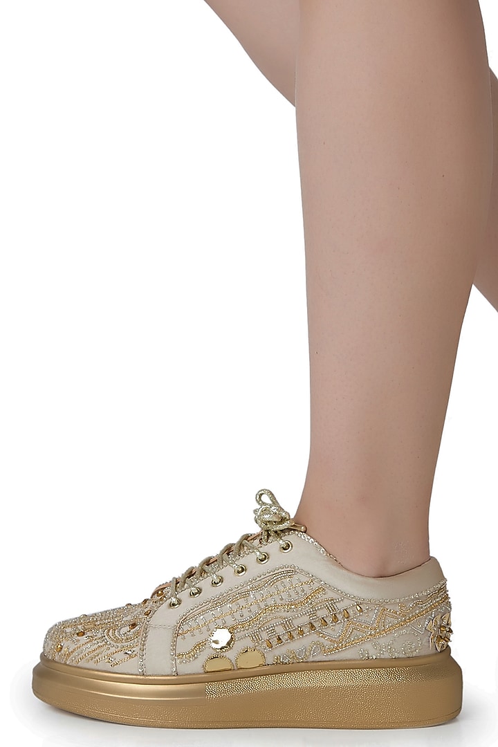 Gold Satin Cutdana Hand Embroidered Sneakers by Anaar