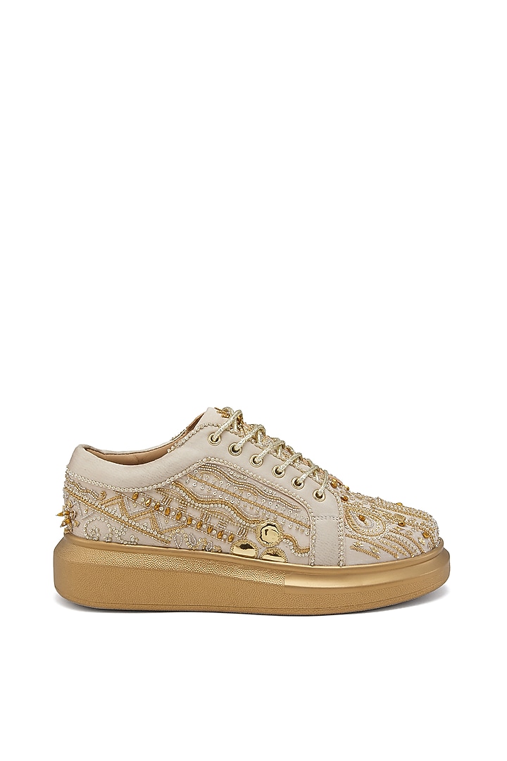 Gold Satin Cutdana Hand Embroidered Sneakers by Anaar at Pernia's Pop Up Shop