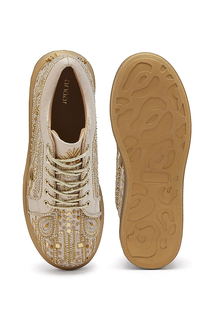 Gold Satin Cutdana Hand Embroidered Sneakers by Anaar at Pernia's Pop Up Shop