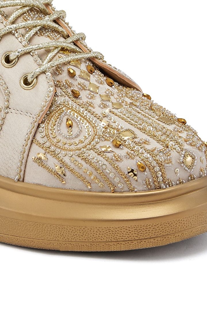 Gold Satin Cutdana Hand Embroidered Sneakers by Anaar at Pernia's Pop Up Shop