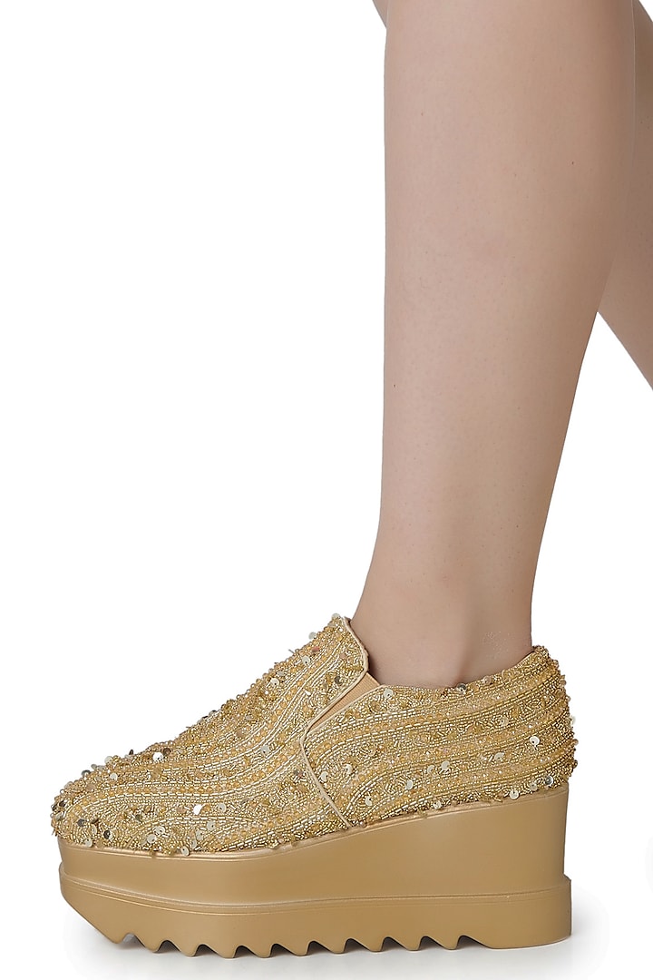 Gold Satin Cutdana Hand Embroidered Sneakers by Anaar
