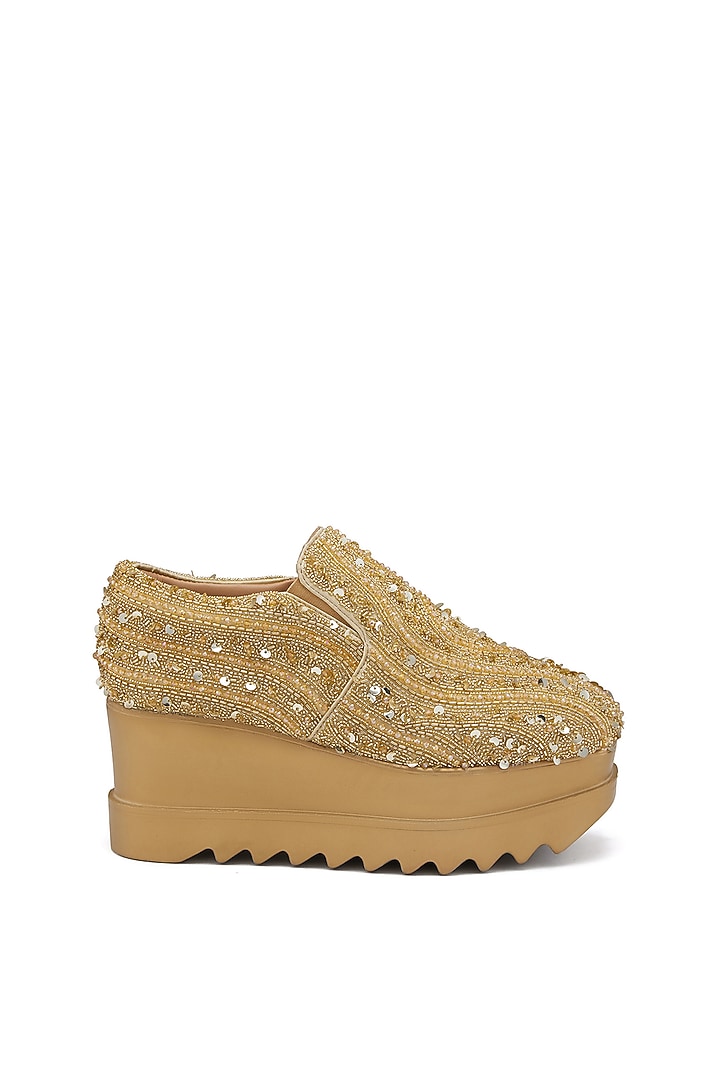 Gold Satin Cutdana Hand Embroidered Sneakers by Anaar at Pernia's Pop Up Shop