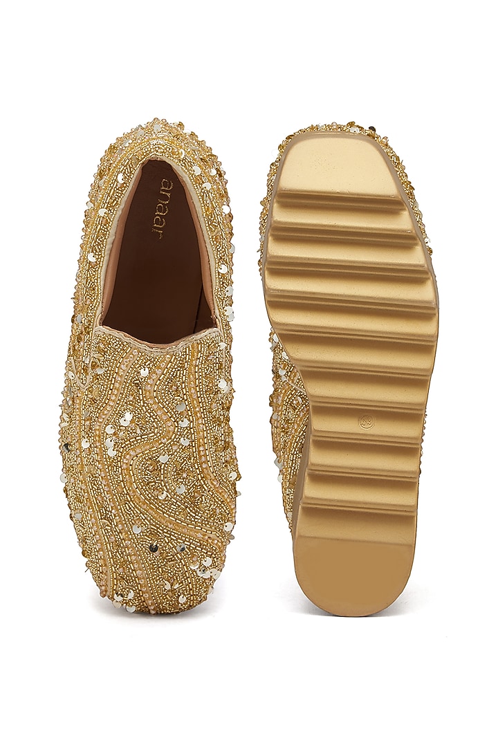 Gold Satin Cutdana Hand Embroidered Sneakers by Anaar at Pernia's Pop Up Shop
