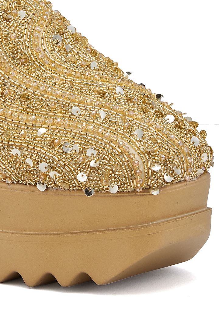 Gold Satin Cutdana Hand Embroidered Sneakers by Anaar at Pernia's Pop Up Shop