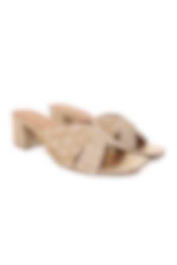 Off-White Cotton & Striped Chiffon Cutdana Embroidered Heels by Anaar at Pernia's Pop Up Shop