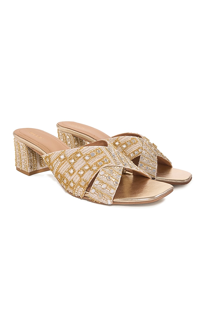 Off-White Cotton & Striped Chiffon Cutdana Embroidered Heels by Anaar at Pernia's Pop Up Shop