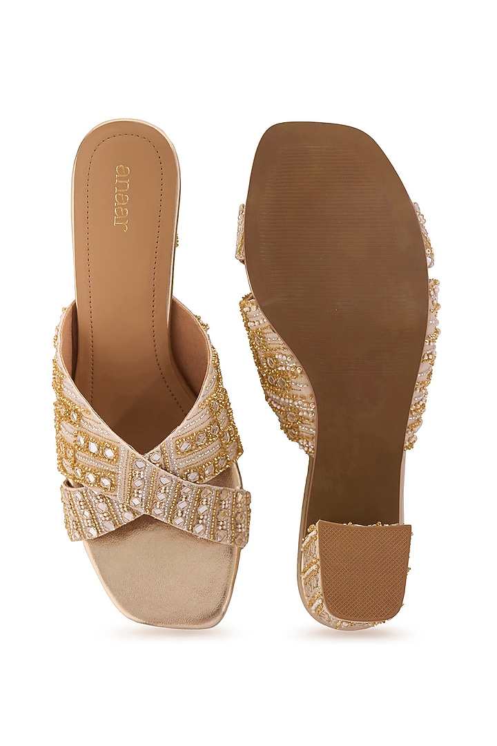 Off-White Cotton & Striped Chiffon Cutdana Embroidered Heels by Anaar at Pernia's Pop Up Shop