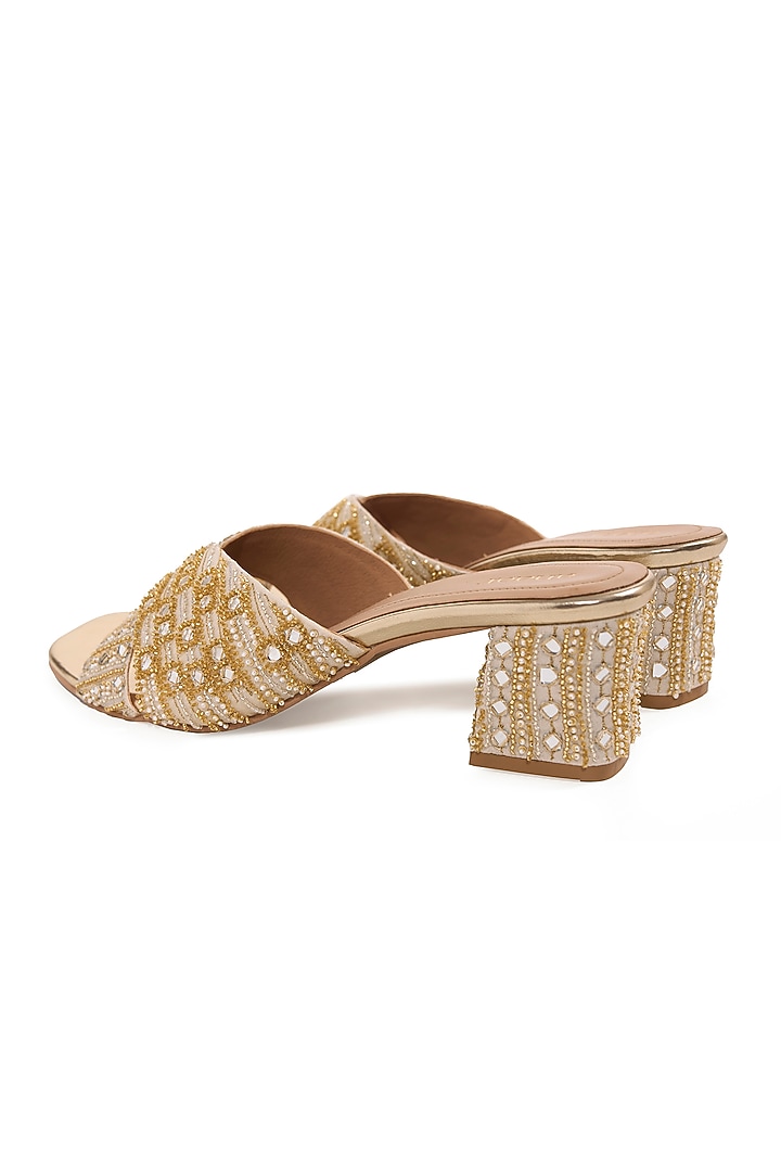 Off-White Cotton & Striped Chiffon Cutdana Embroidered Heels by Anaar at Pernia's Pop Up Shop