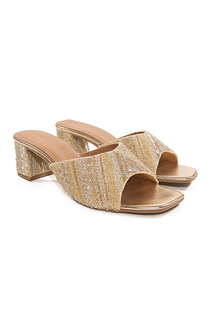 Light Gold Satin Cutdana Embroidered Heels by Anaar at Pernia's Pop Up Shop