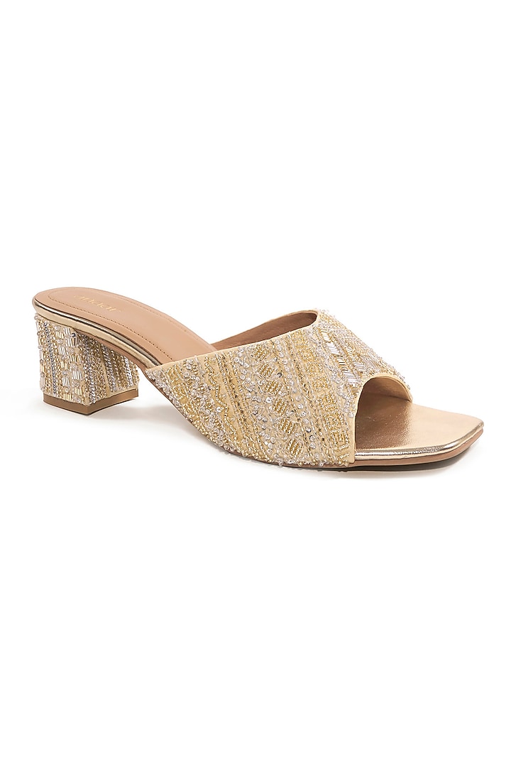 Light Gold Satin Cutdana Embroidered Heels by Anaar at Pernia's Pop Up Shop