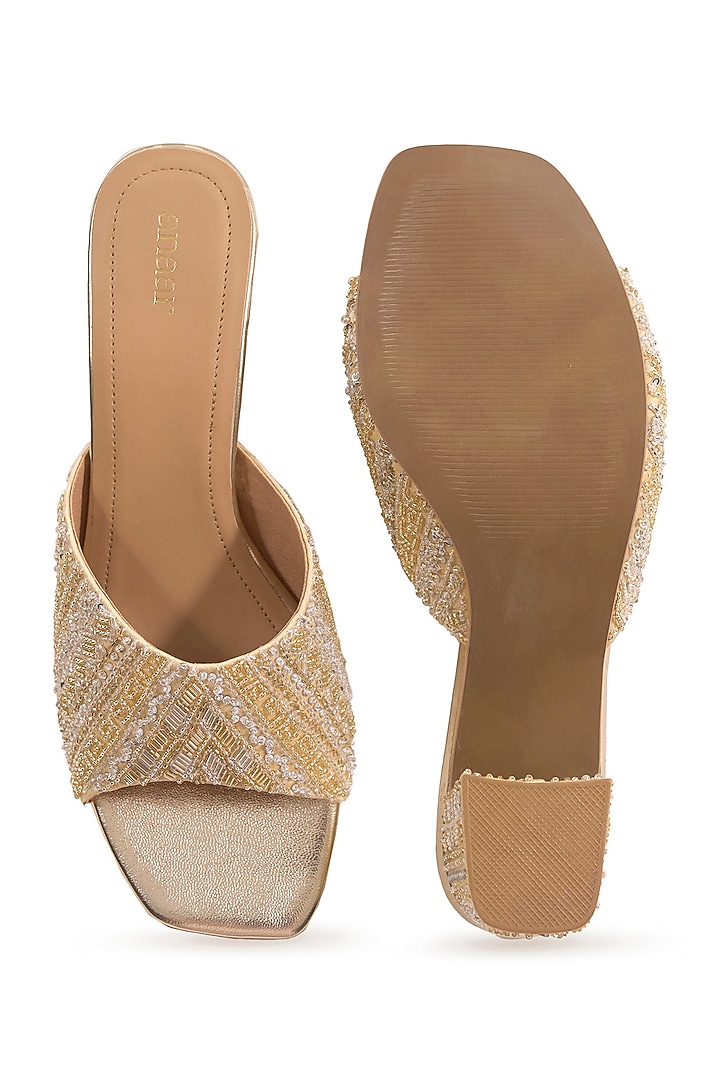 Light Gold Satin Cutdana Embroidered Heels by Anaar at Pernia's Pop Up Shop