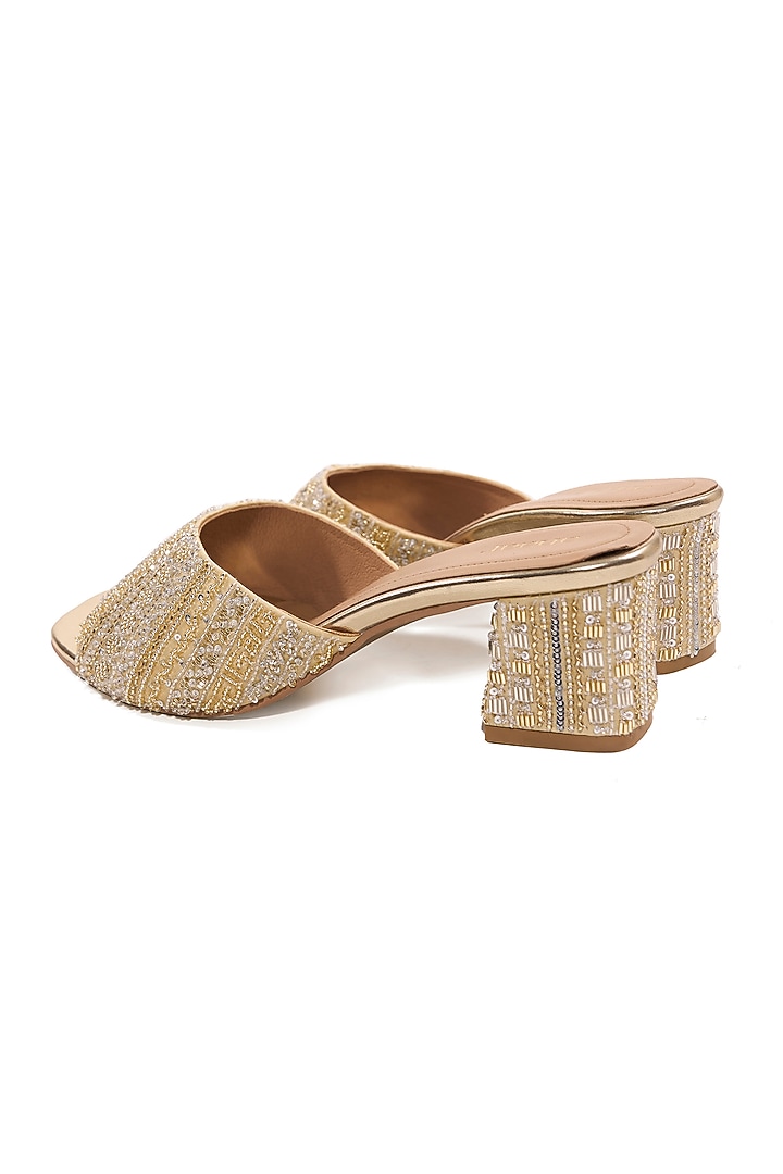 Light Gold Satin Cutdana Embroidered Heels by Anaar at Pernia's Pop Up Shop