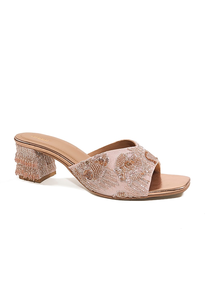 Light Gold Satin Cutdana Embroidered Heels by Anaar at Pernia's Pop Up Shop
