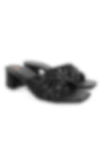 Black Satin Cutdana Embellished Heels by Anaar at Pernia's Pop Up Shop