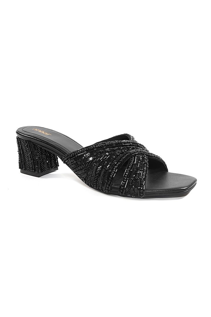 Black Satin Cutdana Embellished Heels by Anaar at Pernia's Pop Up Shop