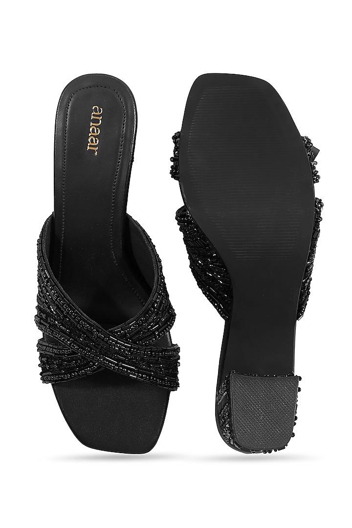 Black Satin Cutdana Embellished Heels by Anaar at Pernia's Pop Up Shop