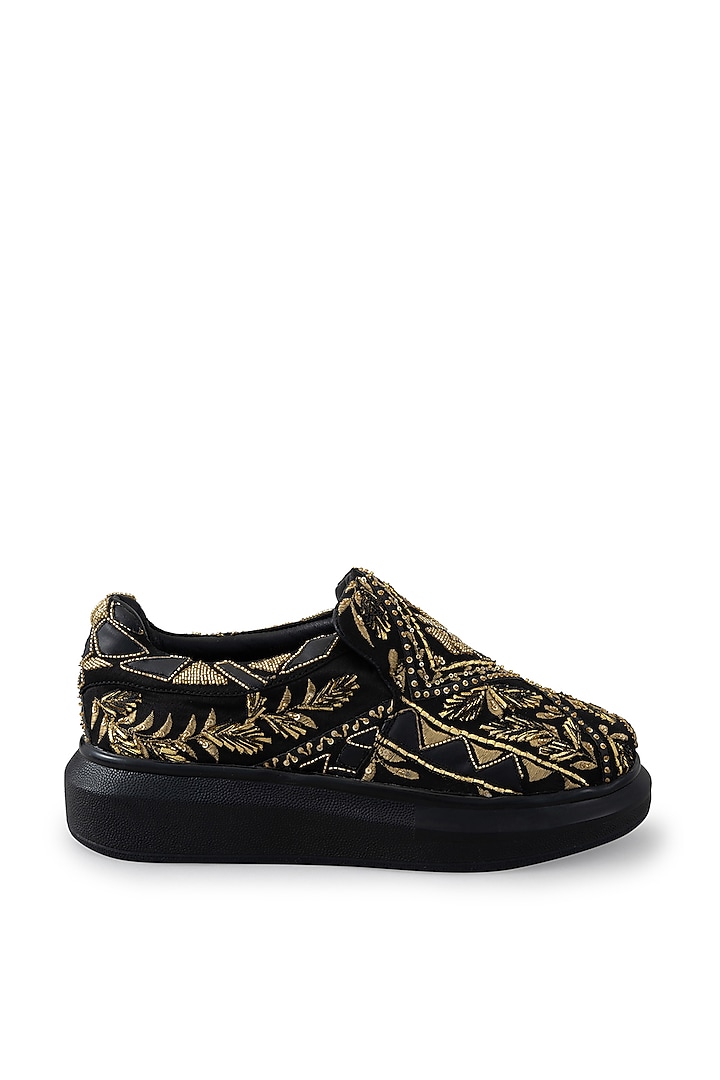 Black Organza & Dutch Satin Embroidered Shoes by Anaar at Pernia's Pop Up Shop