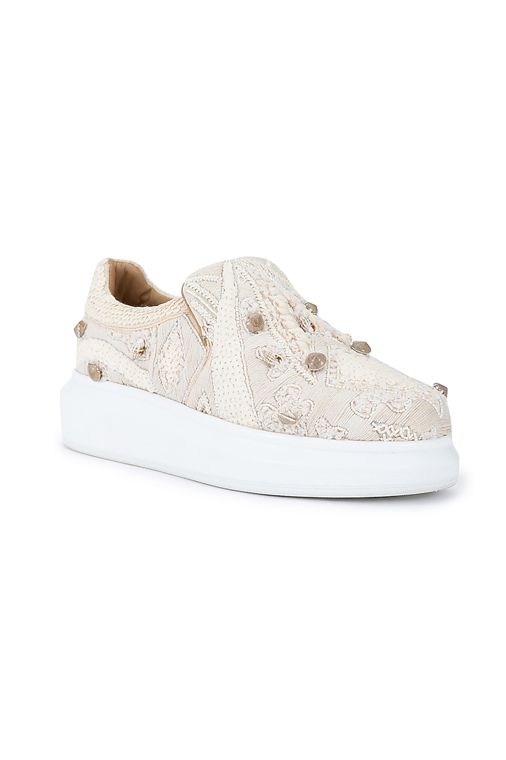 Beige Organza & Dutch Satin Embellished Shoes by Anaar at Pernia's Pop Up Shop
