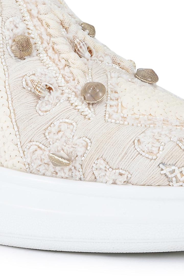 Beige Organza & Dutch Satin Embellished Shoes by Anaar at Pernia's Pop Up Shop
