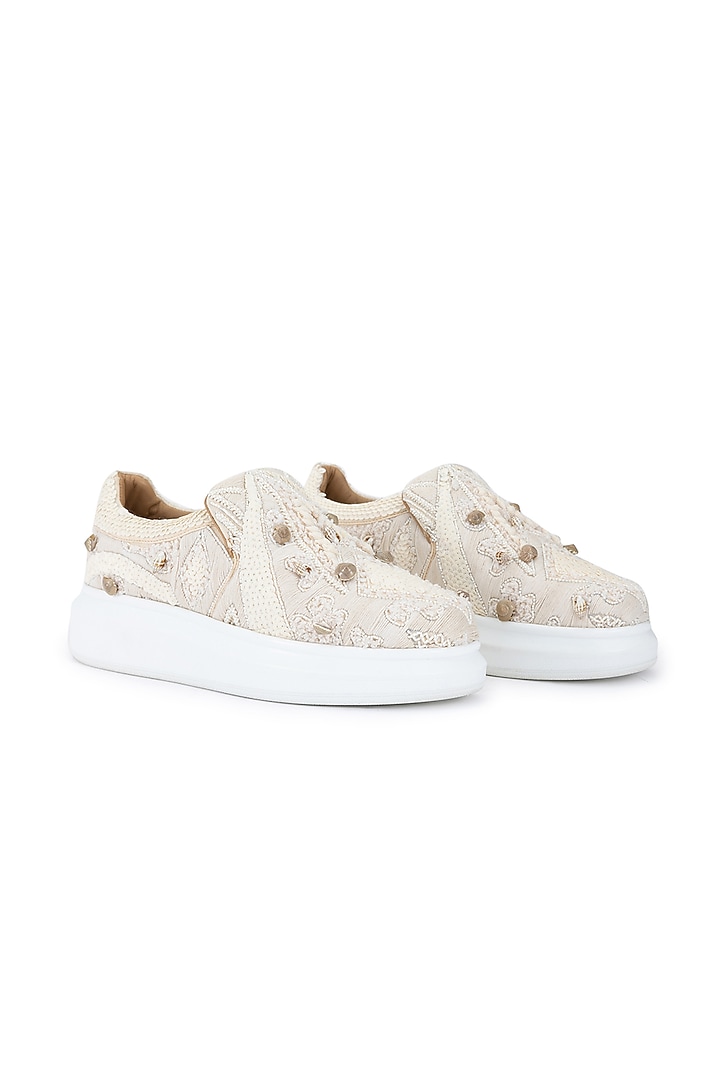 Beige Organza & Dutch Satin Embellished Shoes by Anaar at Pernia's Pop Up Shop