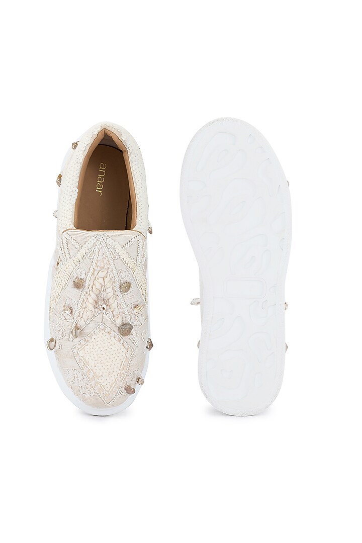 Beige Organza & Dutch Satin Embellished Shoes by Anaar at Pernia's Pop Up Shop