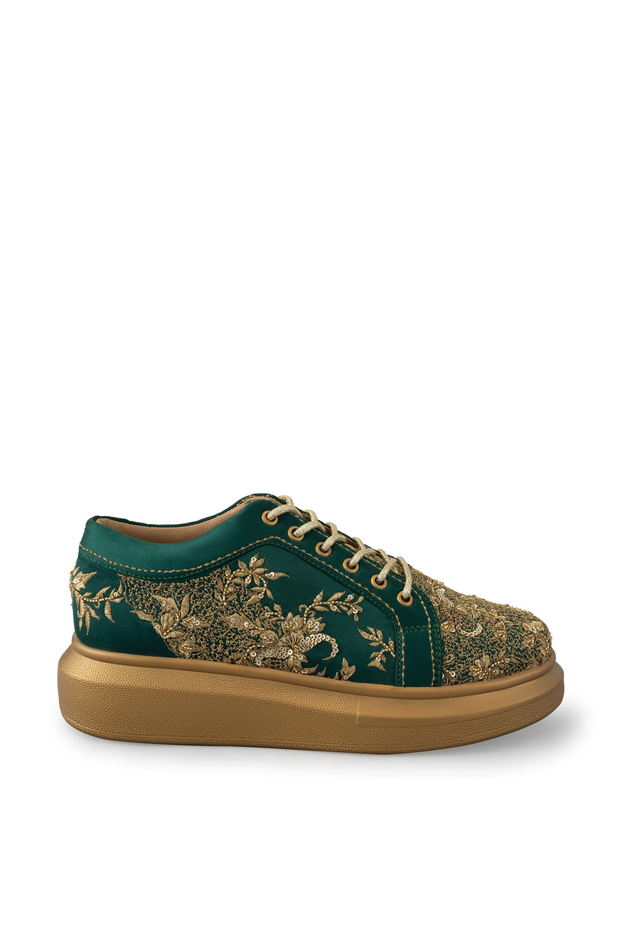 Green Organza & Dutch Satin Embroidered Shoes by Anaar at Pernia's Pop Up Shop