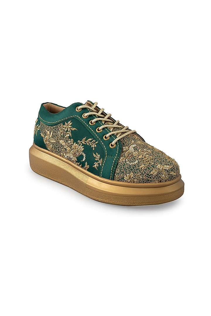Green Organza & Dutch Satin Embroidered Shoes by Anaar at Pernia's Pop Up Shop