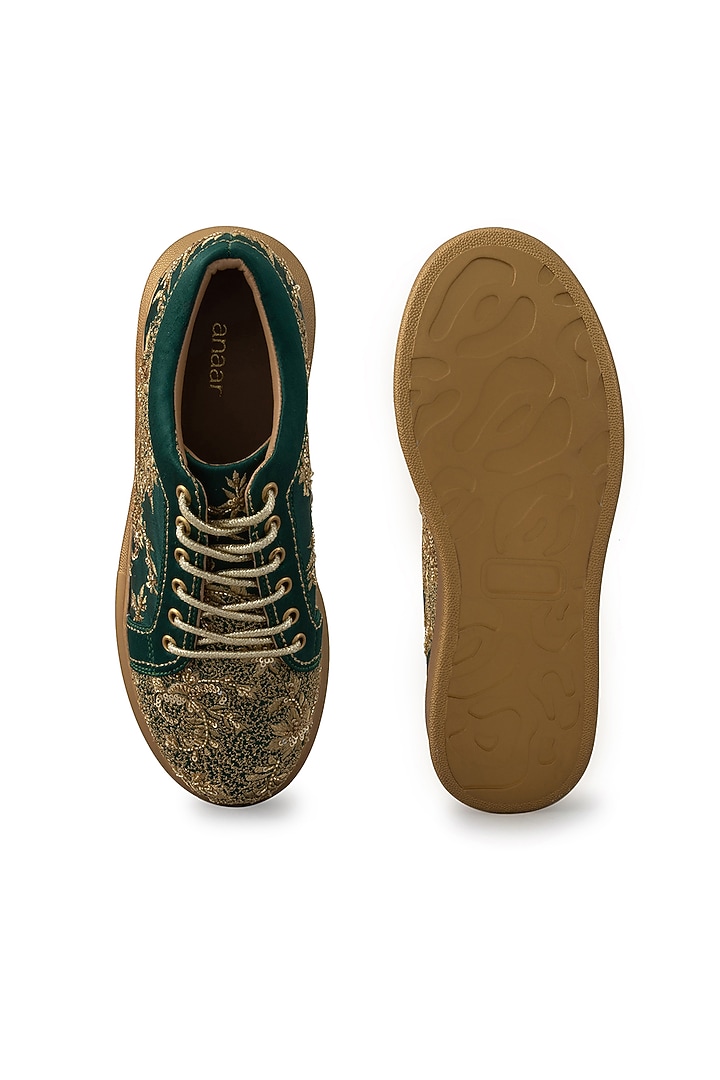 Green Organza & Dutch Satin Embroidered Shoes by Anaar at Pernia's Pop Up Shop