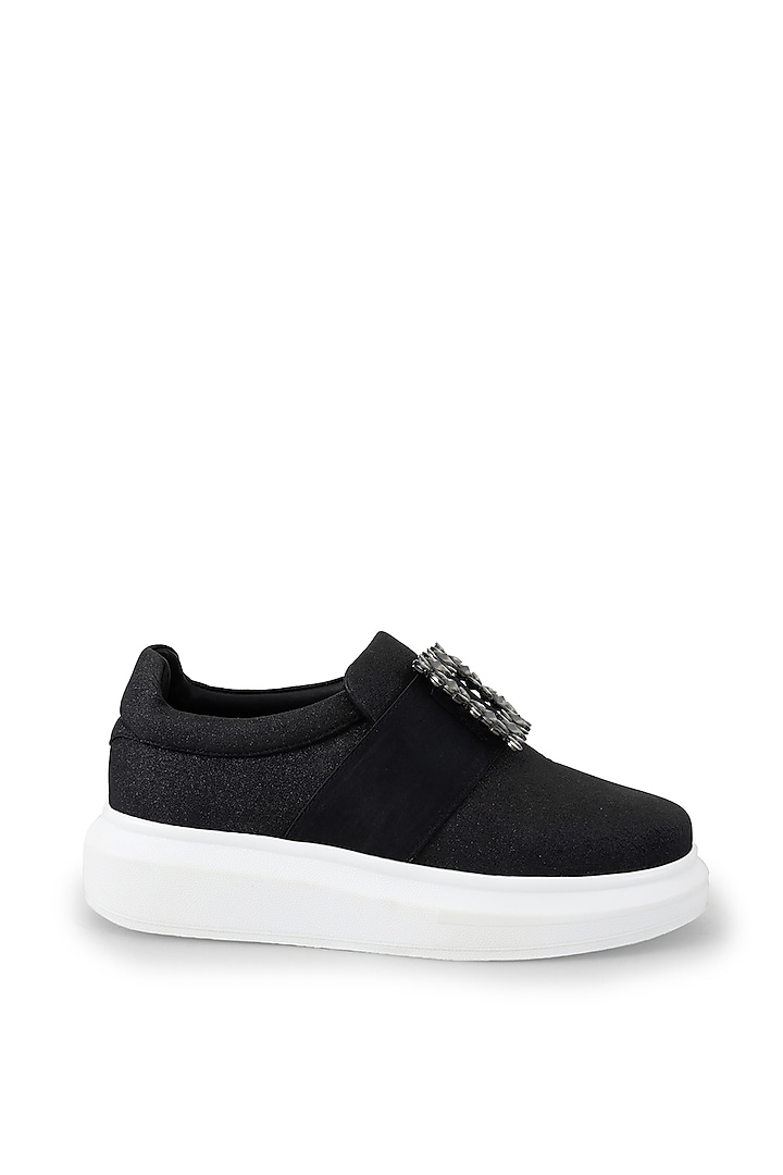 Black Organza & Dutch Satin Embellished Shoes by Anaar at Pernia's Pop Up Shop