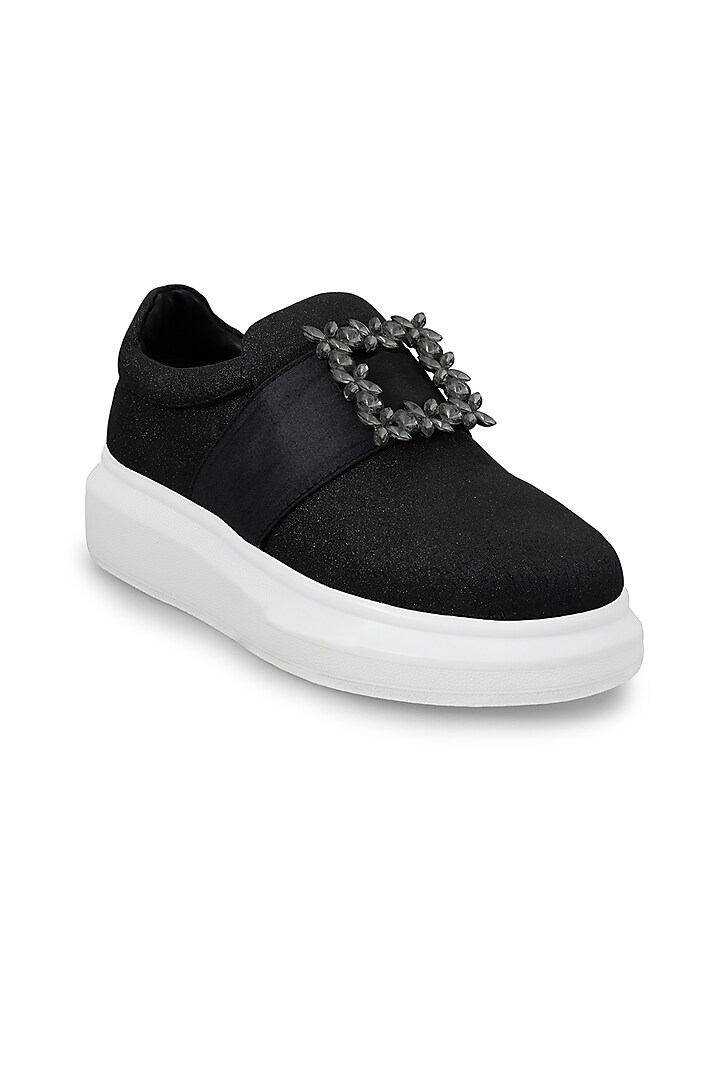 Black Organza & Dutch Satin Embellished Shoes by Anaar at Pernia's Pop Up Shop