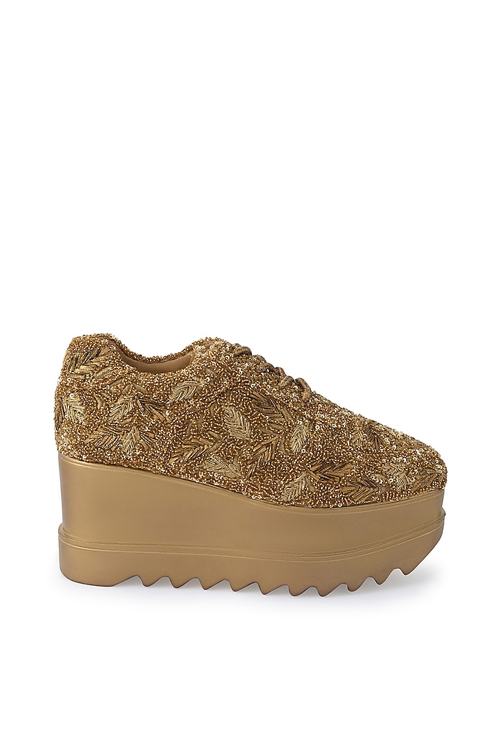 Gold Poly Suede Embroidered Shoes by Anaar