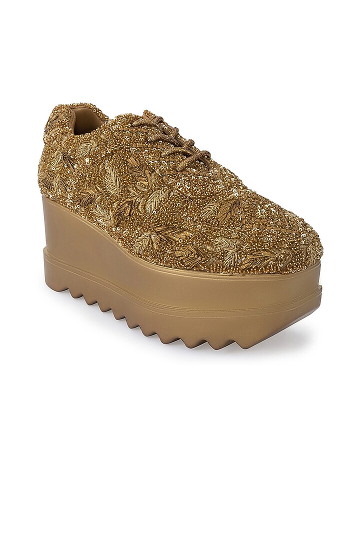 Gold Poly Suede Embroidered Shoes by Anaar at Pernia's Pop Up Shop