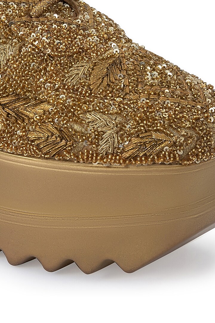 Gold Poly Suede Embroidered Shoes by Anaar at Pernia's Pop Up Shop