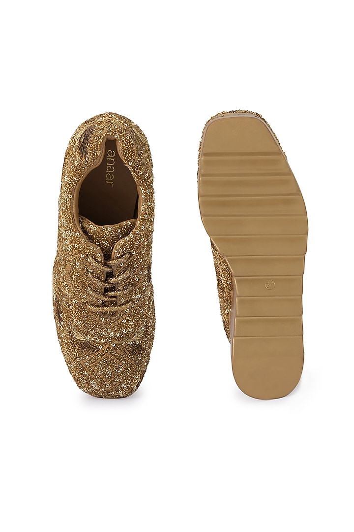 Gold Poly Suede Embroidered Shoes by Anaar at Pernia's Pop Up Shop