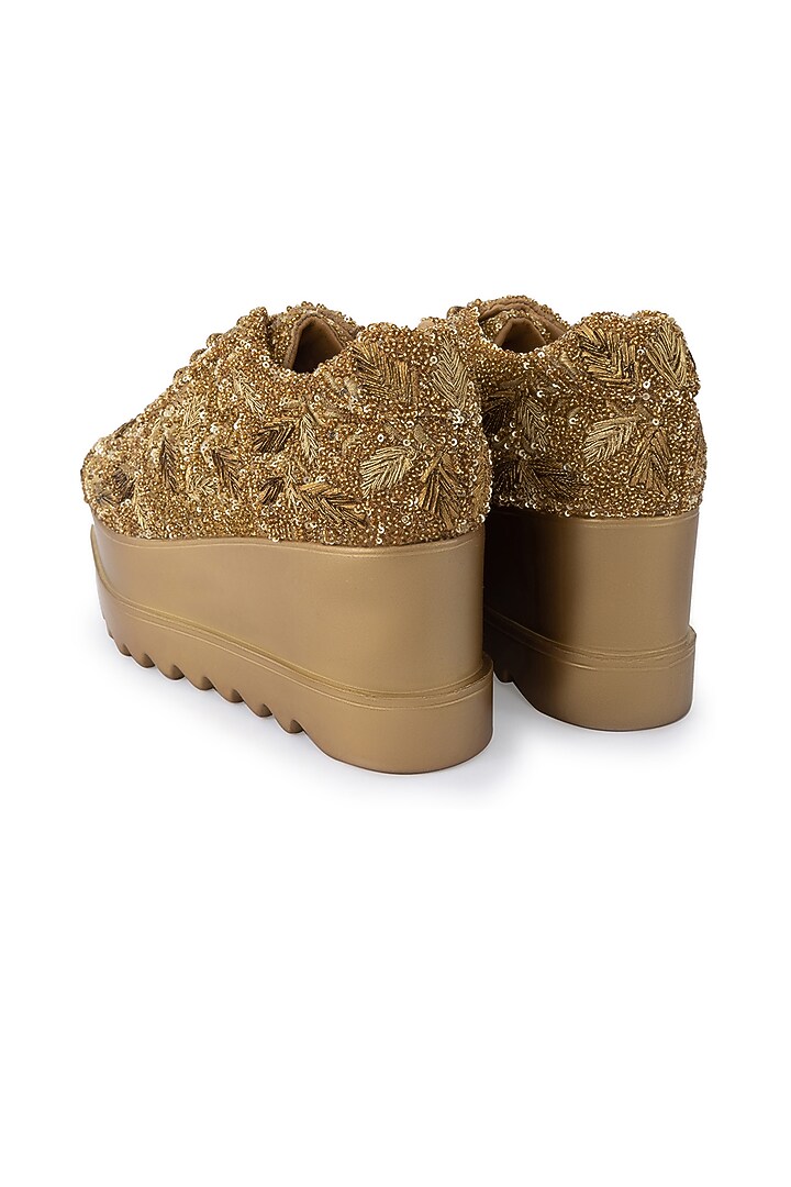 Gold Poly Suede Embroidered Shoes by Anaar at Pernia's Pop Up Shop