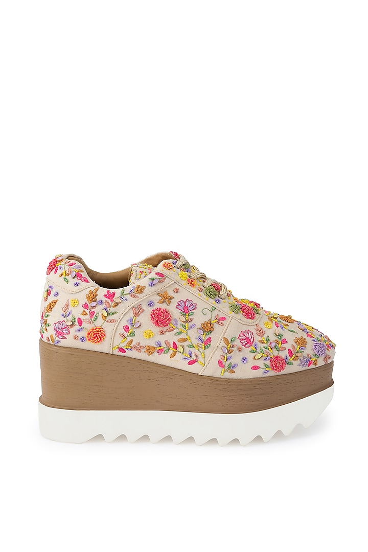 Multi-Colored Moss Crepe Embroidered Shoes by Anaar