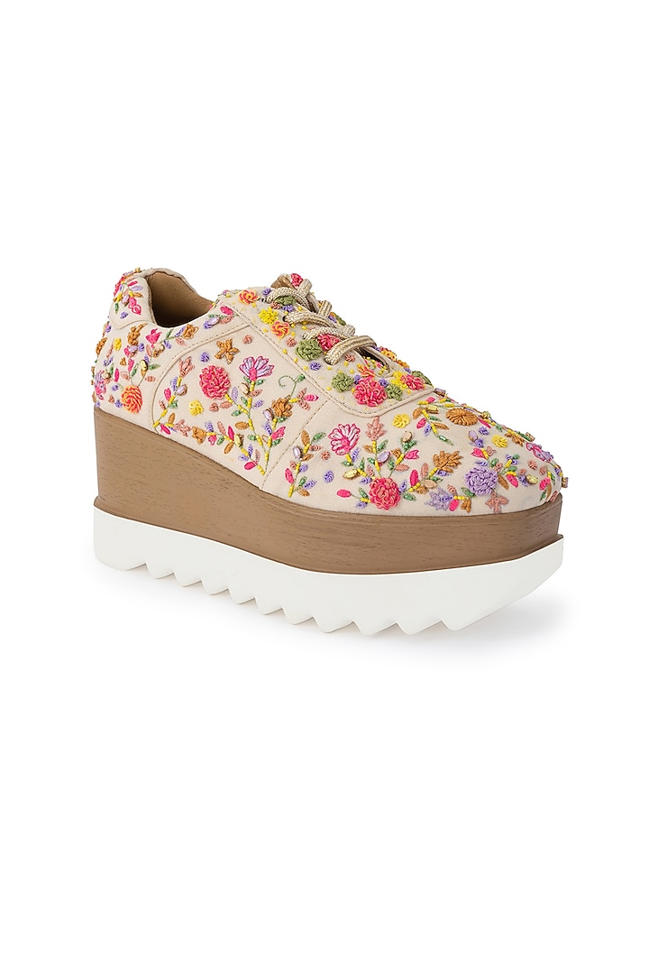 Multi-Colored Moss Crepe Embroidered Shoes by Anaar at Pernia's Pop Up Shop