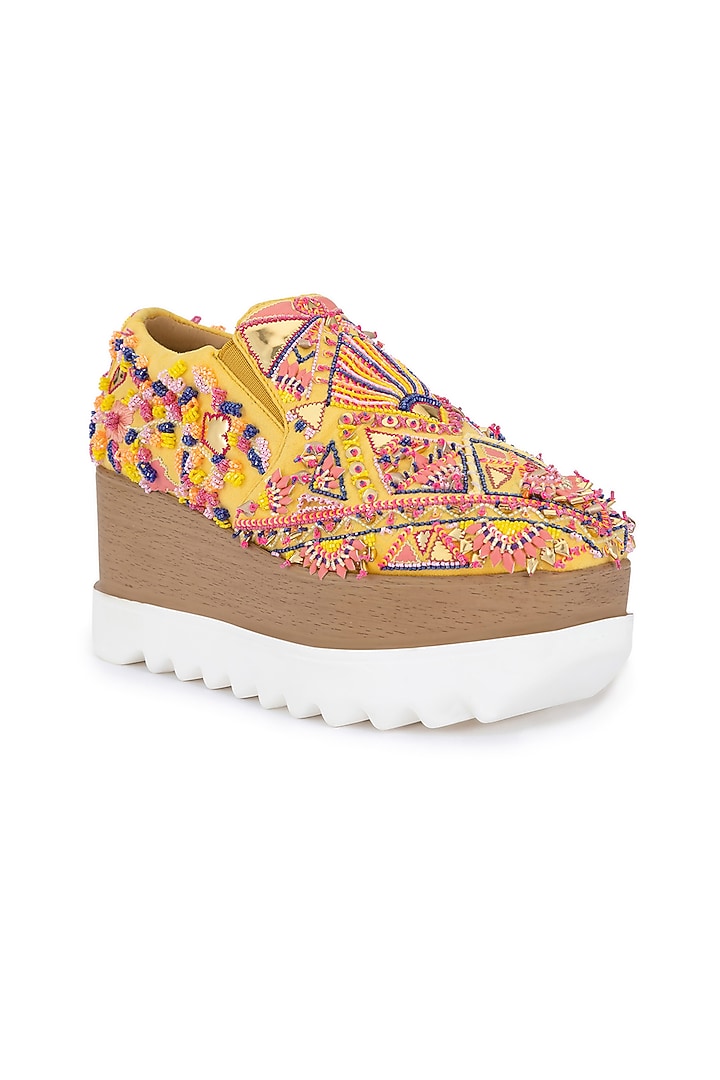 Yellow Poly Suede Embroidered Shoes by Anaar at Pernia's Pop Up Shop