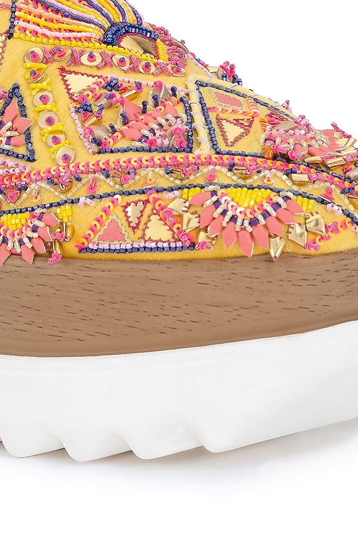 Yellow Poly Suede Embroidered Shoes by Anaar at Pernia's Pop Up Shop