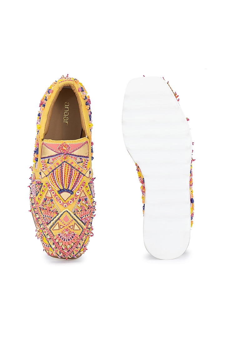Yellow Poly Suede Embroidered Shoes by Anaar at Pernia's Pop Up Shop
